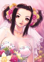 Rule 34 | 1girl, :d, artist name, bare shoulders, beads, black hair, bouquet, breasts, bridal veil, cleavage, double bun, dress, female focus, floral print, flower, hair bun, hair flower, hair ornament, highres, jewelry, kobayashi yuji, large breasts, lipstick, looking at viewer, makeup, necklace, off shoulder, open mouth, parted bangs, pearl necklace, red eyes, rose, see-through, short hair, sideboob, signature, smile, solo, upper body, veil, wedding dress