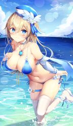 Rule 34 | 1girl, absurdres, barbara (genshin impact), barbara (summertime sparkle) (genshin impact), bikini, bird, blonde hair, blue bikini, blue eyes, blue hat, blue sky, breasts, bridal gauntlets, brooch, choker, cleavage, closed mouth, commentary request, day, flower, genshin impact, hair between eyes, hat, hat flower, highres, jewelry, large breasts, lens flare, long hair, looking at viewer, ocean, outdoors, sandals, seagull, sky, smile, sob (submar1089), solo, standing, swimsuit, thigh strap, thighhighs, wading, white bird, white thighhighs