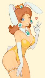Rule 34 | 1girl, alternate costume, alternate hairstyle, animal ears, artist name, blowing kiss, blue eyes, breasts, brown hair, cleavage, cowboy shot, crown, detached collar, earrings, elbow gloves, fake animal ears, female focus, garter belt, gloves, heart, highleg, highleg leotard, highres, jewelry, jivke, leotard, looking at viewer, mario (series), md5 mismatch, nintendo, one eye closed, parted lips, playboy bunny, princess daisy, rabbit ears, rabbit tail, simple background, solo, super mario land, super smash bros., tail, thigh strap, thighs, v, white gloves, wink, yellow leotard