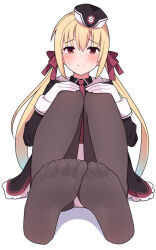 Rule 34 | 1girl, arihara nanami, black dress, black hat, black pantyhose, blonde hair, blush, bow, closed mouth, commentary, dress, embarrassed, eyes visible through hair, feet, foot focus, frilled dress, frills, frown, garrison cap, gloves, hair between eyes, hair bow, hair ribbon, hands on own knees, hat, knees up, legs together, long hair, long sleeves, looking at viewer, low twintails, military uniform, necktie, no shoes, pantyhose, red bow, red necktie, red ribbon, ribbon, riddle joker, sitting, soles, solo, split mouth, straight-on, straight hair, sweatdrop, symbol-only commentary, toes, twintails, uniform, very long hair, white gloves, zlmh7okwwbmghfo