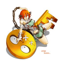 Rule 34 | 1girl, a.b.a, arc system works, bags under eyes, bandages, blood, chain, fingerless gloves, gloves, guilty gear, guilty gear xx, homunculus, key, key in head, non-web source, object through head, paracelsus (guilty gear), red eyes, red hair, short hair, shorts, single glove, solo
