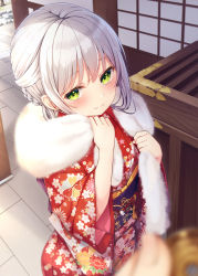 Rule 34 | 1girl, absurdres, blurry, blurry foreground, blush, box, braid, closed mouth, coin, commentary request, donation box, floral print, fur scarf, green eyes, hatsumoude, highres, holding, holding coin, japanese clothes, kimono, looking at viewer, new year, obi, original, outdoors, print kimono, red kimono, sash, scarf, school uniform, solo focus, standing, tsuchikure, white hair, white scarf, wide sleeves