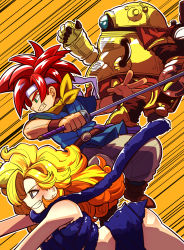 Rule 34 | 1girl, absurdres, ayla (chrono trigger), blonde hair, blue eyes, breasts, chrono trigger, crono (chrono trigger), curly hair, headband, higaragi, highres, long hair, red hair, robo (chrono trigger), robot, scarf, simple background, smile, spiked hair, sword, weapon