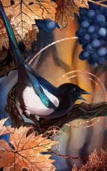 Rule 34 | 2020, abstract, ambiguous gender, animal, animal focus, artist logo, autumn, autumn leaves, bird, blurry, blurry background, brown eyes, bug, circle, commentary, dated, depth of field, english commentary, eurasian magpie, food, forest, french commentary, from side, fruit, full body, giz-art, grapes, implied halo, insect, leaf, magpie, moth, nature, no humans, open mouth, original, outdoors, realistic, ripples, solo, tongue, tree