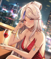 Rule 34 | 1girl, alcohol, armlet, bare arms, bare shoulders, blush, bracelet, breasts, city, cleavage, commentary request, cup, dress, drinking glass, dutch angle, genshin impact, hand up, highres, jewelry, long hair, looking at viewer, medium breasts, ningguang (genshin impact), no-ba, red dress, red eyes, sleeveless, sleeveless dress, solo, upper body, very long hair, white hair, wine, wine glass