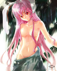 Rule 34 | 1girl, animal ears, bad id, bad pixiv id, bed sheet, breasts, censored, convenient censoring, female focus, hair censor, hair over breasts, head tilt, long hair, medium breasts, naked sheet, navel, philomelalilium, pink hair, rabbit ears, red eyes, reisen udongein inaba, solo, touhou, very long hair