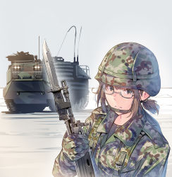 Rule 34 | 1girl, aav7, assault rifle, bayonet, brown eyes, camouflage, camouflage gloves, camouflage headwear, camouflage jacket, closed mouth, commentary request, daito, day, glasses, gloves, gun, helmet, holding, holding gun, holding weapon, howa type 89, jacket, japan ground self-defense force, japan self-defense force, long sleeves, looking at object, medium hair, military, military uniform, military vehicle, original, outdoors, rifle, semi-rimless eyewear, soldier, solo, under-rim eyewear, uniform, upper body, weapon