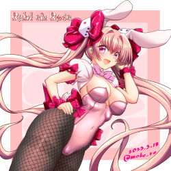 Rule 34 | 1girl, adapted costume, animal ears, black pantyhose, bow, bowtie, breasts, character name, commentary request, covered navel, dated, di gi charat, dice hair ornament, fishnet pantyhose, fishnets, hair ornament, hand on own hip, highres, leotard, long hair, medium breasts, moke ro, pantyhose, pink bow, pink bowtie, pink hair, pink leotard, plaid, plaid bow, plaid bowtie, playboy bunny, puffy short sleeves, puffy sleeves, rabbit ears, rabbit tail, red eyes, short sleeves, shrug (clothing), smile, solo, strapless, strapless leotard, tail, thighband pantyhose, twintails, twitter username, usada hikaru, wristband