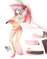 Rule 34 | 1girl, absurdres, asymmetrical clothes, asymmetrical footwear, asymmetrical gloves, asymmetrical legwear, audi, bad id, bad pixiv id, bare leg, bare shoulders, blue eyes, breasts, caooll, car, cleavage, covered erect nipples, female focus, fishnet thighhighs, fishnets, gloves, high heels, highres, huge breasts, knees, legs, looking at viewer, miniskirt, mismatched footwear, mismatched gloves, motor vehicle, navel, original, ponytail, purple hair, race queen, see-through, see-through legwear, single thighhigh, skirt, smile, solo, thighhighs, umbrella, uneven legwear, vehicle