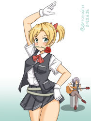 Rule 34 | belt, black skirt, black vest, blonde hair, collared shirt, dancing, dated, dress shirt, flower, geru, gloves, gradient background, grey eyes, guitar, instrument, kantai collection, looking at viewer, maikaze (kancolle), mouth hold, music, neck ribbon, nowaki (kancolle), one-hour drawing challenge, parted bangs, playing instrument, pleated skirt, ponytail, red ribbon, ribbon, rose, school uniform, scrunchie, shirt, short hair, short sleeves, skirt, twitter username, vest, white background, white gloves, white shirt