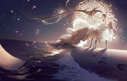 Rule 34 | 1girl, beach, blonde hair, commentary request, dress, fireworks, floating clothes, from behind, highres, hololive, hololive english, horseback riding, long hair, night, ocean, reinene, riding, solo, tsukumo sana, unicorn, very long hair, virtual youtuber, water, white dress