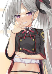 Rule 34 | 1girl, black flower, black jacket, blue archive, blush, clothes lift, eyes visible through hair, flower, frilled skirt, frills, grey hair, grin, hair flower, hair ornament, hand up, highres, jacket, lifting own clothes, long hair, looking at viewer, mutsuki (blue archive), navel, niiya, out-of-frame censoring, pointy ears, purple eyes, red skirt, shirt, short sleeves, side ponytail, skirt, skirt lift, smile, solo, very long hair, white shirt, window