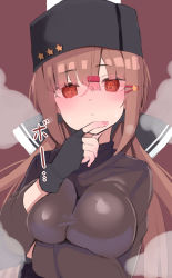 Rule 34 | 1girl, atsutoku, black bow, black gloves, black hat, black shirt, bow, breasts, brown eyes, brown hair, fingerless gloves, fur hat, gloves, hair between eyes, hair bow, hair ornament, hairpin, hat, highres, kantai collection, large breasts, long hair, low twintails, papakha, shirt, simple background, steam, sweat, tashkent (kancolle), twintails
