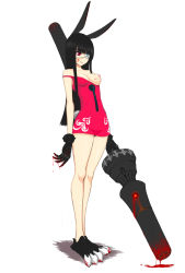 Rule 34 | 1girl, absurdres, animal ears, bare shoulders, black hair, blood, blood on face, blood stain, breast slip, breasts, breasts out, dress, eyepatch, gloves, grin, highres, hime cut, huge weapon, lang (chikage36), legs, long hair, medium breasts, mole, mole on breast, nipples, one breast out, original, panties, rabbit ears, rabbit tail, red eyes, smile, smirk, solo, standing, strap slip, tail, underwear, weapon