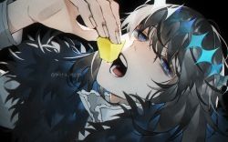 Rule 34 | 1boy, alternate hair color, black hair, blue eyes, cape, collared shirt, crown, diamond hairband, expressionless, fate/grand order, fate (series), food, fruit, fur collar, fur trim, grey hair, highres, holding, holding food, holding fruit, long sleeves, looking at viewer, male focus, medium hair, melon, no wings, oberon (fate), oberon (third ascension) (fate), official alternate costume, open mouth, seiya ingen, shirt, solo, spoilers, teeth, twitter username, white shirt