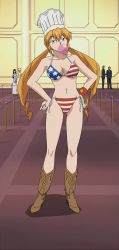 Rule 34 | 00s, 1girl, american flag bikini, bikini, boots, breasts, blowing bubbles, chef hat, chewing gum, cleavage, cowboy boots, flag print, green eyes, hands on own hips, hat, highres, medium breasts, monica adenauer, navel, orange hair, screencap, side-tie bikini bottom, solo focus, swimsuit, twintails, yakitate!! japan
