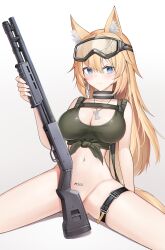 Rule 34 | 1girl, absurdres, animal ears, bare arms, bare shoulders, blonde hair, blue eyes, bottomless, breasts, choker, chun bae, cleavage, closed mouth, convenient censoring, crop top, front-tie top, frown, girls&#039; frontline, goggles, goggles on head, green shirt, gun, highres, holding, holding gun, holding weapon, jewelry, large breasts, long hair, looking at viewer, m500 (girls&#039; frontline), mossberg 500, navel, necklace, pump action, shirt, shotgun, simple background, sitting, sleeveless, sleeveless shirt, solo, stomach, tank top, thigh strap, thighs, v-shaped eyebrows, wariza, weapon, white background