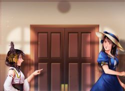 Rule 34 | 2girls, aiguillette, black hair, blue dress, braid, crossover, detached sleeves, door, dress, epaulettes, french braid, hair ornament, hair ribbon, hat, height difference, highres, iowa (pacific), jewelry, kantai collection, kimi no na wa., long hair, looking at another, melisaongmiqin, miyamizu mitsuha, mole, mole under eye, multiple girls, necklace, nontraditional miko, open mouth, pacific (kancolle), pointing, puffy short sleeves, puffy sleeves, red eyes, ribbon, sailor dress, short hair, short sleeves, star (symbol), star necklace, sun hat, surprised, white hat, wooden door, yamashiro (kancolle)