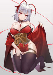 Rule 34 | 1girl, :d, alternate costume, antenna hair, arknights, bare shoulders, between breasts, black thighhighs, breasts, chinese commentary, cleavage, collarbone, commentary request, demon horns, detached sleeves, facial mark, full body, grey background, groin, hand on own thigh, highres, hongbaise raw, horns, japanese clothes, kimono, kneeling, large breasts, long sleeves, looking at viewer, multicolored hair, no panties, no shoes, o-ring, obi, open mouth, parted lips, red eyes, red hair, rope, sash, short hair, short kimono, silver hair, simple background, smile, strapless, string, string of fate, thighhighs, thighs, two-tone hair, v, w (arknights), wide sleeves