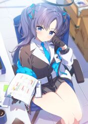 Rule 34 | 1girl, black gloves, black skirt, blue archive, blue eyes, blue necktie, blush, box, breasts, cardboard box, chair, collared shirt, commentary request, cup, gloves, hair ornament, halo, holding, jacket, koruri, long hair, long sleeves, looking at viewer, medium breasts, mug, necktie, office chair, open clothes, paper, pen, pleated skirt, purple hair, shirt, sitting, skirt, solo, swivel chair, two side up, white shirt, yuuka (blue archive)