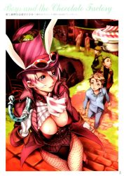 Rule 34 | 1girl, 5boys, animal ears, breasts, cane, cat, cleavage, fishnet pantyhose, fishnets, gloves, hat, highres, large breasts, leotard, lips, multiple boys, nishieda, open mouth, original, pantyhose, parody, pink hair, rabbit ears, smile, sunglasses, top hat, tuxedo jacket, willy wonka