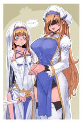 Rule 34 | 10s, 2girls, archvermin, blindfold, blonde hair, blush, boots, border, breasts, closed mouth, collarbone, cosplay, costume switch, detached sleeves, goblin slayer!, hat, highres, large breasts, long hair, long sleeves, multiple girls, pink background, priestess, priestess (goblin slayer!), small breasts, smile, speech bubble, sword, sword maiden, thigh boots, thighhighs, thighs, third-party source, weapon, white border
