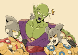 Rule 34 | 3boys, android, antennae, blue cape, cape, colored sclera, colored skin, dougi, dragon ball, dragon ball super, dragon ball super super hero, fangs, fins, gamma 1, gamma 2, green skin, grey skin, head fins, highres, jacket, multiple boys, namekian, no eyebrows, pants, paruko (baalbeel11), pointy ears, purple pants, purple shirt, red cape, red sash, robot ears, sash, shirt, sigh, signature, simple background, sleeveless, sleeveless shirt, slit pupils, sparkle, surprised, thumbs up, twitter username, yellow jacket, yellow sclera