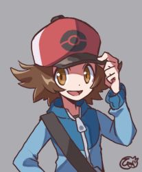Rule 34 | 1boy, :d, baseball cap, blue jacket, brown eyes, brown hair, commentary request, creatures (company), game freak, grey background, hand on headwear, hat, hiisu (s-1104-d), hilbert (pokemon), jacket, long sleeves, looking at viewer, lowres, male focus, nintendo, open mouth, poke ball print, pokemon, pokemon bw, red hat, signature, simple background, smile, solo, strap, tongue, upper body