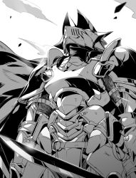 Rule 34 | 1girl, ara taro, armor, breastplate, cape, covered face, dual wielding, fantasy, faulds, female focus, female knight, greyscale, helmet, highres, holding, holding sword, holding weapon, knight, monochrome, original, pauldrons, plate armor, shoulder armor, solo, sword, weapon