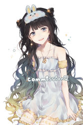 Rule 34 | 1girl, :d, bare shoulders, black hair, blue eyes, blush, brown hair, commission, cone hair bun, crescent, double bun, dress, earrings, frilled dress, frills, gradient hair, green hair, grey dress, hair bun, hair ornament, highres, jewelry, long hair, looking at viewer, mask, mask on head, moffle (ayabi), multicolored hair, open mouth, original, rabbit mask, see-through, simple background, sleeveless, sleeveless dress, smile, solo, sparkle, star (symbol), star hair ornament, teeth, upper teeth only, very long hair