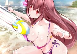 Rule 34 | 1girl, areola slip, ball, beach, beach volleyball, bikini, blush, boat, bracelet, breasts, cleavage, fate/grand order, fate (series), flower, hair flower, hair ornament, highres, inconvenient breasts, jewelry, large breasts, long hair, meow7tail, navel, ocean, playing sports, purple hair, red eyes, sailboat, scathach (fate), scathach (fate/grand order), scathach (swimsuit assassin) (fate), scrunchie, side-tie bikini bottom, solo, surprised, swimsuit, volleyball, volleyball (object), wardrobe malfunction, watercraft, wrist scrunchie