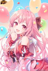 Rule 34 | 1girl, :d, absurdres, balloon, bow, commentary, confetti, copyright notice, dress, english commentary, fujita kana, highres, kusumoto shizuru, logo, long hair, mahjong soul, official art, open mouth, pink bow, pink dress, pink eyes, pink hair, smile, solo
