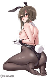 Rule 34 | 1girl, animal ears, ass, bandaid, bandaids on nipples, black leotard, blush, breasts, brown eyes, brown hair, commentary, detached collar, ebifurya, fake animal ears, fake tail, gloves, highleg, highleg leotard, highres, kantai collection, leotard, looking at viewer, pantyhose, pasties, playboy bunny, rabbit ears, rabbit tail, short hair, small breasts, solo, strapless, strapless leotard, taihou (kancolle), tail, white gloves, wrist cuffs