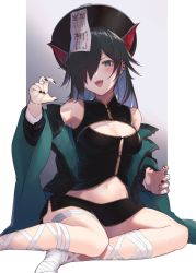 Rule 34 | 1girl, animal ears, bandaged hand, bandaged leg, bandages, black hair, black hat, black nails, black skirt, blue eyes, blush, breasts, chinese clothes, claw pose, cleavage, dragon ears, ear piercing, extra ears, fangs, hair over one eye, hat, large breasts, long hair, midriff, nail polish, navel, ngtr kaina, off shoulder, ofuda, open mouth, piercing, puzzle &amp; dragons, roche (p&amp;d), side slit, simple background, sitting, skirt, solo