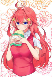 Rule 34 | 1girl, :t, ahoge, blouse, blue eyes, blush, bread, breasts, closed mouth, collared shirt, commentary request, cropped torso, dress shirt, eating, floral background, food, go-toubun no hanayome, hair between eyes, hair intakes, hair ornament, hands up, highres, holding, holding food, long hair, looking at viewer, medium breasts, nakano itsuki, osisio, red hair, shirt, short sleeves, solo, star (symbol), star hair ornament, sweater vest, upper body, very long hair, wavy mouth, white background, white shirt