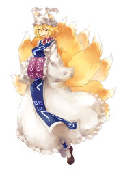 Rule 34 | 1girl, blonde hair, female focus, fox tail, full body, hands in opposite sleeves, hat, highres, multiple tails, nerugal, short hair, slit pupils, smile, smirk, solo, tail, touhou, white background, yakumo ran, yellow eyes