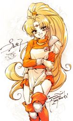 Rule 34 | 1girl, blonde hair, copyright name, dated, flower, forehead jewel, head tilt, highres, knee pads, long hair, looking at viewer, magic knight rayearth, mokona, open mouth, orange eyes, orange shirt, orange thighhighs, parted bangs, ponytail, presea (rayearth), shirt, smile, solo, thighhighs, u emmm, very long hair