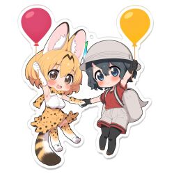 Rule 34 | 2girls, animal ears, balloon, black hair, black pantyhose, blue eyes, blush, bow, bowtie, breasts, brown eyes, cat ears, cat girl, cat tail, closed mouth, fang, hat, holding, holding balloon, kaban (kemono friends), kemono friends, large breasts, looking at viewer, multiple girls, open mouth, pantyhose, ransusan, serval (kemono friends), short hair, shorts, simple background, small breasts, smile, tail, thighhighs