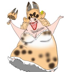 Rule 34 | 1girl, animal ear fluff, animal ears, artist request, bare shoulders, big mom, blonde hair, charlotte linlin, creepy, crossover, dress, hat, jumping, kemono friends, lowres, old, old woman, one piece, open mouth, parody, serval (kemono friends), serval print, smile, solo, what