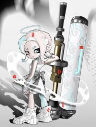 Rule 34 | 1girl, artist request, blue eyes, blue hair, dress, dynamo roller (splatoon), earpiece, fingerless gloves, gloves, grey ribbon, halo, heterochromia, highres, letter, looking back, mechanical legs, multicolored hair, nintendo, octoling, octoling girl, octoling player character, pink eyes, pink hair, pointy ears, smile, solo, splatoon (series), standing, suction cups, tentacle hair, thick eyebrows, two-tone hair, white dress, white footwear, white gloves