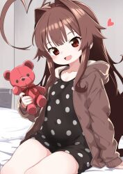 Rule 34 | 1girl, ahoge, black dress, blush, brown hair, brown jacket, dress, famg, fang, holding, holding stuffed toy, hood, hooded jacket, huge ahoge, indoors, jacket, kantai collection, kuma (kancolle), long hair, long sleeves, looking at viewer, nassukun, on bed, open clothes, open jacket, open mouth, pillow, polka dot, polka dot dress, red eyes, short dress, sidelocks, sitting, solo, stuffed animal, stuffed toy, teddy bear, very long hair