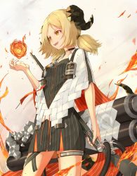 Rule 34 | 1girl, :d, arknights, black choker, black dress, blonde hair, choker, cowboy shot, curled horns, determined, dress, fireball, from below, highres, horns, ifrit (arknights), jacket, magic, open mouth, orange eyes, parted bangs, pencil dress, piisu, pinstripe dress, pinstripe pattern, short dress, short hair, short twintails, smile, solo, striped, teeth, thigh strap, twintails, upper teeth only, v-shaped eyebrows, white jacket