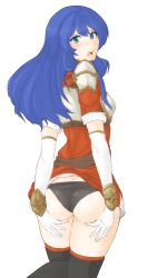 Rule 34 | 1girl, armor, ass, back, black panties, blue eyes, blue hair, blush, butt crack, caeda (fire emblem), curvy, dress, embarrassed, fire emblem, fire emblem: shadow dragon, fire emblem heroes, from behind, gloves, hair between eyes, hand on own ass, highres, light blush, long hair, looking at viewer, looking back, nintendo, open mouth, panties, parted lips, red dress, short sleeves, solo, standing, standing on one leg, thighhighs, thighs, transparent background, tridisart, underwear, wedgie, white gloves