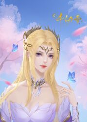 Rule 34 | 1girl, absurdres, artist request, bare shoulders, blonde hair, blue butterfly, blue eyes, blue sky, bug, butterfly, cherry blossoms, closed mouth, detached collar, detached sleeves, douluo dalu, dress, hair ornament, highres, index finger raised, insect, long hair, looking at viewer, qian renxue (douluo dalu), second-party source, sky, solo, upper body, white dress