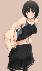 Rule 34 | 1girl, absurdres, amagami, black eyes, black hair, black skirt, black one-piece swimsuit, blouse, blurry, bob cut, breasts, brown background, collarbone, competition swimsuit, depth of field, feet out of frame, highres, leaning forward, nanasaki ai, one-piece swimsuit, pleated skirt, school uniform, shirt, short hair, simple background, skirt, small breasts, solo, swimsuit, swimsuit under clothes, two-tone swimsuit, undressing, white shirt, yoo tenchi