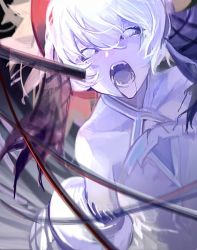 Rule 34 | 1girl, black sclera, blue pupils, clothing cutout, collarbone, colored sclera, covered collarbone, fangs, fate/grand order, fate (series), grey eyes, hair between eyes, open mouth, qing yu, saliva, short hair, sketch, slit pupils, solo, tongue, van gogh (fate), van gogh (third ascension) (fate), white hair