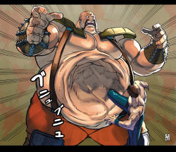 Rule 34 | 2boys, bald, battle, brown hair, drooling, emphasis lines, facial hair, fat, fat man, gradient background, hokuto no ken, itadori shuu, itadori washi, kenshiro, kicking, letterboxed, mr. heart, multiple boys, mustache, shoulder pads, signature, size difference, surprised, suspenders, topless male, wrist cuffs
