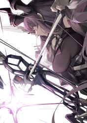 Rule 34 | 1girl, absurdres, ankoro mochi, arknights, black hairband, black horns, black shirt, bow (weapon), breasts, compound bow, drawing bow, dutch angle, fake horns, firing, hairband, highres, holding, holding bow (weapon), holding weapon, horns, jacket, large breasts, long hair, long sleeves, looking ahead, off shoulder, open clothes, open jacket, pink eyes, profile, purple hair, shirt, sidelocks, sideways, simple background, sleeveless, sleeveless shirt, solo, typhon (arknights), upper body, weapon, white background, white jacket