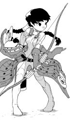 Rule 34 | 1girl, arrow (projectile), belt, bodysuit, braid, breasts, character request, closed mouth, fingerless gloves, full body, gloves, greyscale, hair ornament, highres, long hair, medium breasts, monochrome, oyster (artist), simple background, skin tight, solo, stella deus:the gate of eternity, twin braids, white background