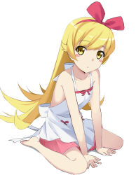 Rule 34 | 1girl, absurdres, bad id, bad pixiv id, bakemonogatari, bare arms, bare shoulders, barefoot, between legs, blonde hair, blush stickers, bow, brown eyes, closed mouth, collarbone, commentary request, dress, hair between eyes, hair bow, hairband, hand between legs, head tilt, highres, kohakope, long hair, monogatari (series), oshino shinobu, pink skirt, red bow, red hairband, simple background, sitting, skirt, sleeveless, sleeveless dress, solo, very long hair, wariza, white background, white dress